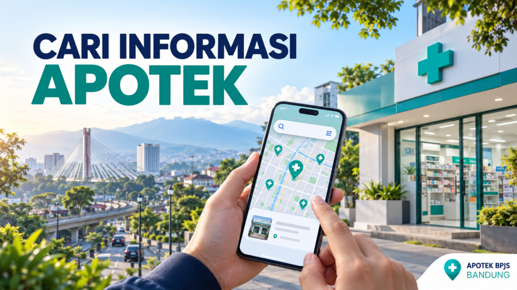 Ilustrasi pencarian informasi apotek BPJS Bandung pada peta digital di depan apotek