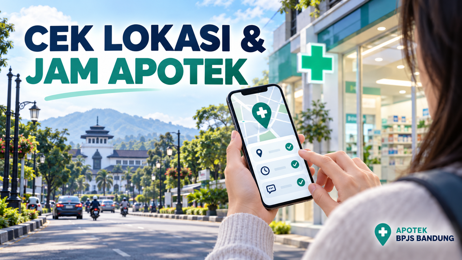 Ilustrasi checklist verifikasi lokasi, jam, dan layanan apotek BPJS Bandung